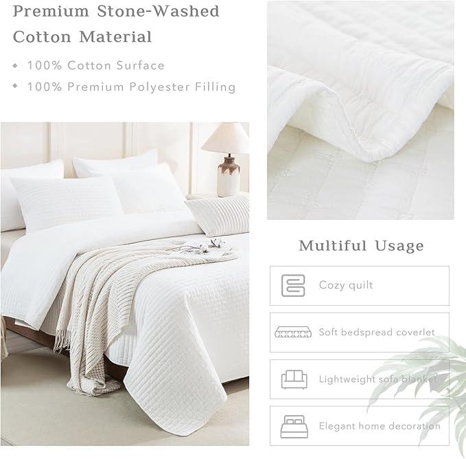 CozyTide Oversized King Bedspread 118"x106",Stone-Washed Cotton White Oversized King Quilt,Soft Lightweight Extra Large Farmhouse Boho Bedspread & Coverlet Bedding Sets for All Season