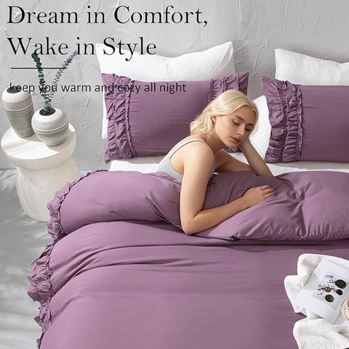 Bedorm Twin Duvet Cover Set Purple Ruffle Bedding Set Pleat Ruffled Shabby Chic Comforter Cover Extra Soft & Easy Care Farmhouse Boho Duvet Cover with Zipper Closure
