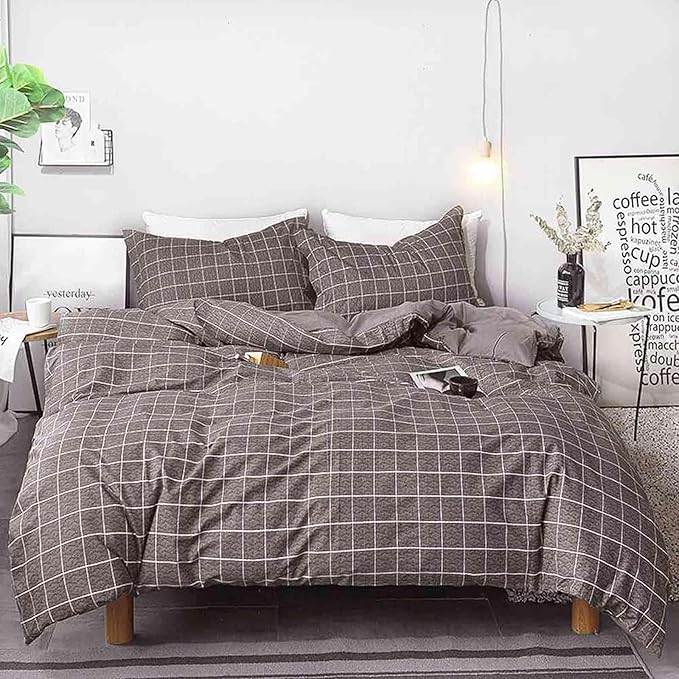 Nanko Grid Duvet Cover Twin Set, 2 Pieces 1200 TC Luxury Microfiber Down Comforter Quilt Cover with Zipper Closure, Ties - Grey Modern Bedding for Men Teen Seniors, Plaid Gray Brown