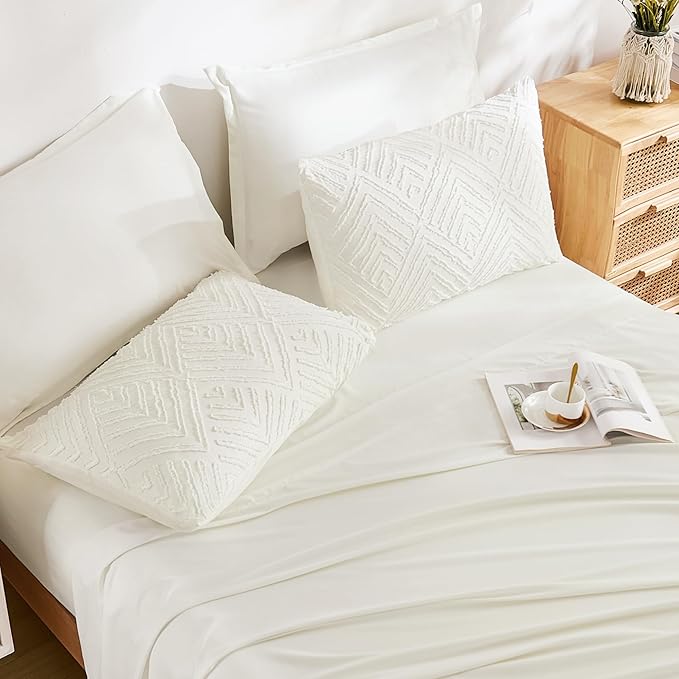 Andency Super King Plus Comforter Set Ivory - 7 Pieces Bed in a Bag Oversized King Bedding Sets, Boho Tufted Lightweight Fluffy Bed Set with Comforter, Sheets, Pillowcases & Shams