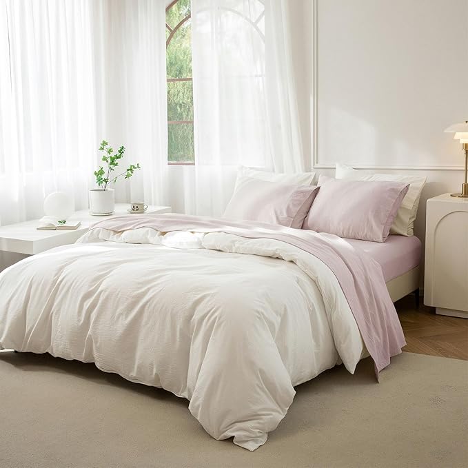 JIYUAN 100% Washed Cotton Sheet Set 4 Pieces Cal King,1 Fitted Sheet,1 Flat Sheet and 2 Pillowcases,Comfy and Breathable Linen Like Bedding Set,Heathered Greyish Pink