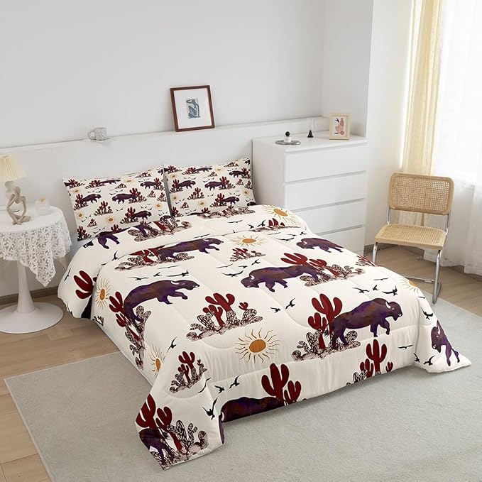 Buffalo Ranch North American Bisons Comforter Twin Size Western Bisons Bedding Sets Rustic Country Cabin Southwestern Animal Comforter Set for Kids Boys Girls Brown Cream Farmhouse Down Comforter