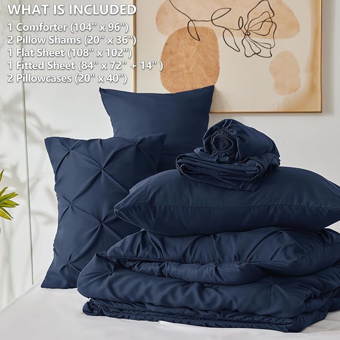 California King Comforter Set Navy Blue, 7 Pieces Pintuck Bed in A Bag Cal King Size Bedding, Soft Bed Set All Season Pinch Pleat Comforter Set with Sheets, Pillowcases & Shams