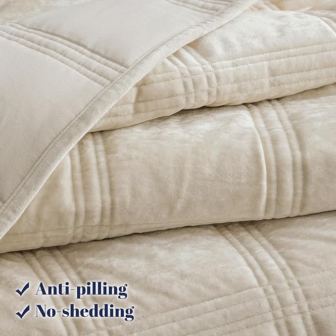 PHF Ultra Soft Velvet Quilt Set King Size – 3PCS Luxurious Cozy Quilted Comforter Alternative with Diamond Pattern, Warm Quilted Bedspread Coverlet, 108" x 92", Sand