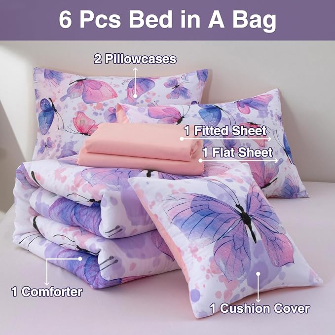 A Nice Night 6pcs Queen Bed in A Bag Watercolor Ink Wash Tie-Dye Butterfly Printed, Butterflies Flying Bedding Comforter Set, Purple