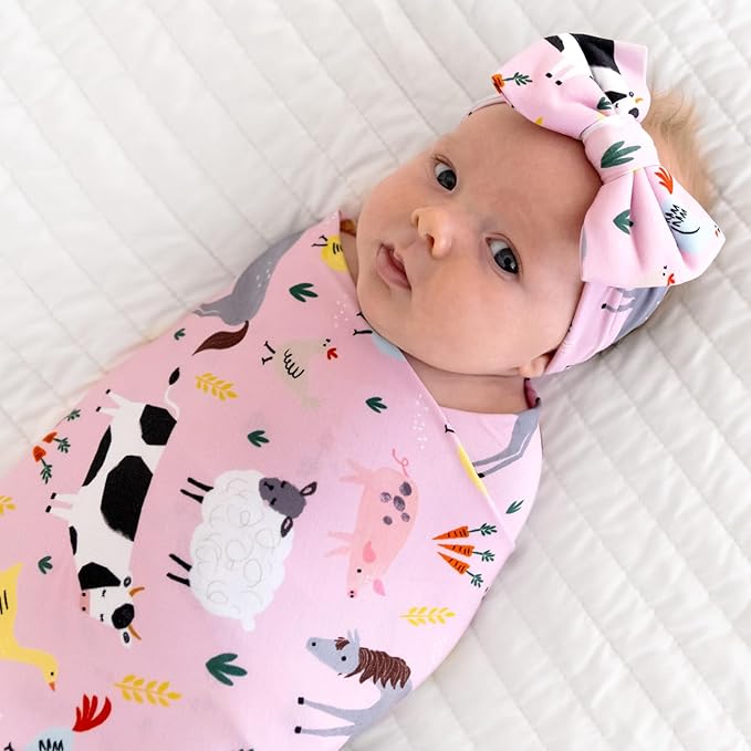 Little Sleepies Swaddle & Headband Bow Set, Viscose from Bamboo Baby Swaddles, Newborn Baby Girl Clothes (Luxe Pink Farm Animals)