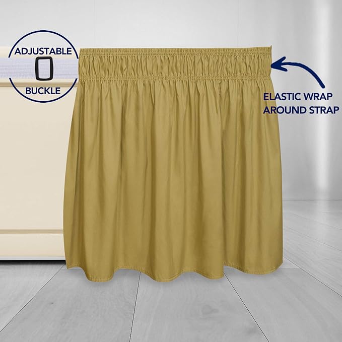 PureFit Wrap Around Ruffled Bed Skirt with Adjustable Elastic Belt - 18 Inch Drop Easy to Put On, Wrinkle Free Bedskirt Dust Ruffles, Bed Frame Cover for Queen, King and C-King Size Beds, Gold
