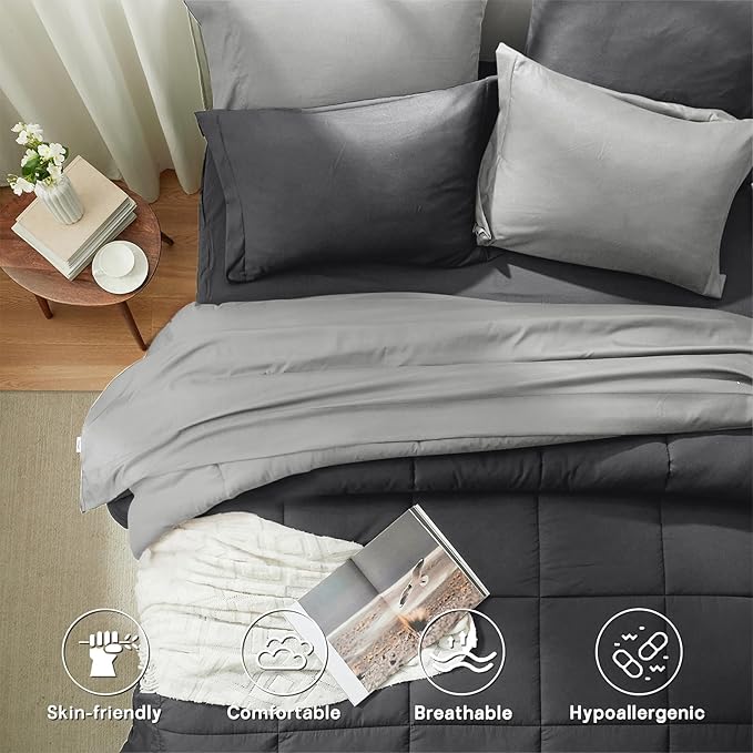 Anluoer Twin Size Bed in a Bag 5 Pieces, Grey Bed Comforter Set with Sheets, All Season Bedding Sets with 1 Comforter, 1 Pillow Sham, 1 Pillowcase, 1 Flat Sheet, 1 Fitted Sheet