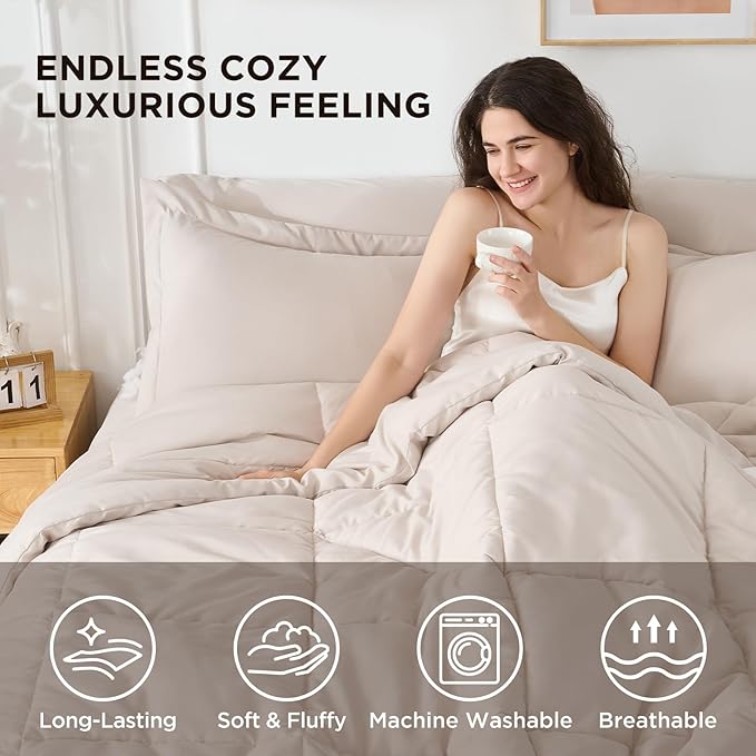 5 Pieces Twin Comforter Set - Utral Soft Microfiber Bedding Set, Thick Duvet Insert Bed in a Bag Without Rustling Noise for All Season, Beige (68"x88")