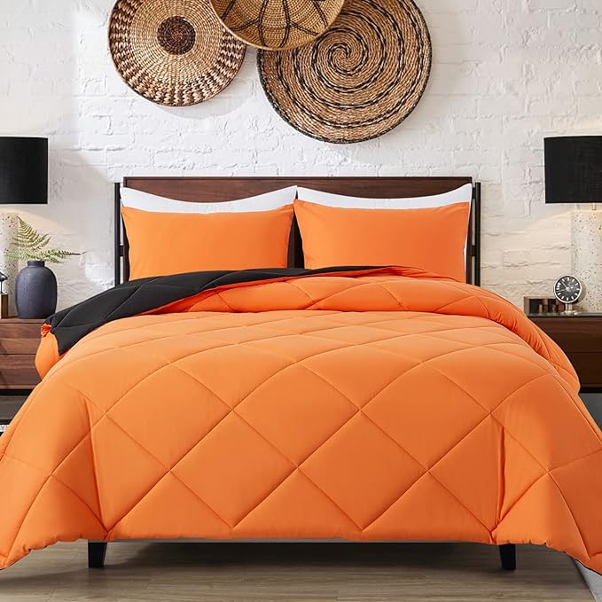 Decroom Lightweight Queen Comforter Set with 2 Pillow Sham - 3 Pieces Set - Quilted Down Alternative Comforter/Duvet Insert for All Season - Orange/Black - Queen Size