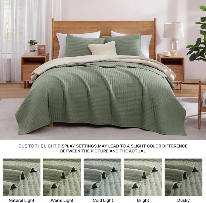 WRENSONGE Queen Quilt-3 Pieces Lightweight Bedspreads Sage Green Queen Size Quilt Bedding Set for All Seasons, Soft Summer Coverlet with 2 Pillow Shams Suitable for Bed, Couch