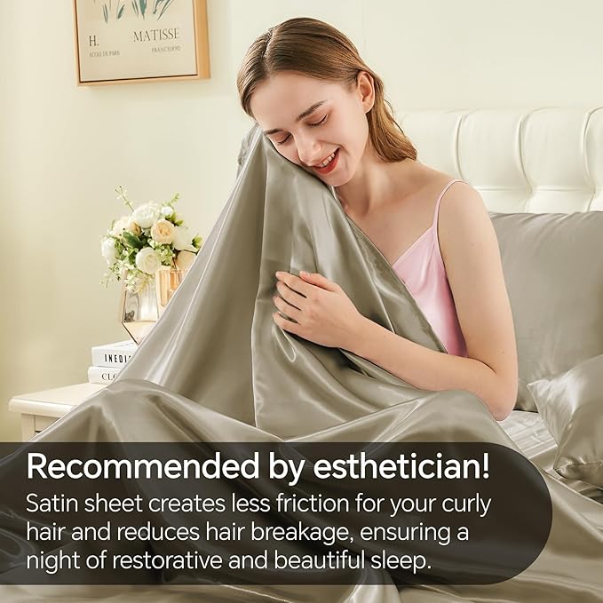 BEDELITE California King Sheets Set, Luxury Soft Taupe Satin Sheets for Hair and Skin, Similar to Silk Bed Sheets Set 4 Pieces with 1 Deep Pocket Fitted Sheet, 1 Flat Sheet, and 2 Pillowcases