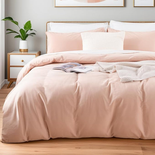 NEXHOME PRO Duvet Cover Set 100% Washed Cotton Full Size Linen Feel Textured Organic Natural 3 Pieces Bedding Set with Zipper Closure and Corner Ties, Breathable Dusty Pink (No Comforter)