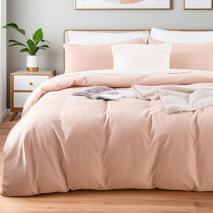 NEXHOME PRO Duvet Cover Set Oversized Queen 92"x98" Linen Look Textured Organic Natural 100% Washed Cotton 3 Pieces Bedding Set with Zipper Closure, Breathable, Dusty Pink (No Comforter)