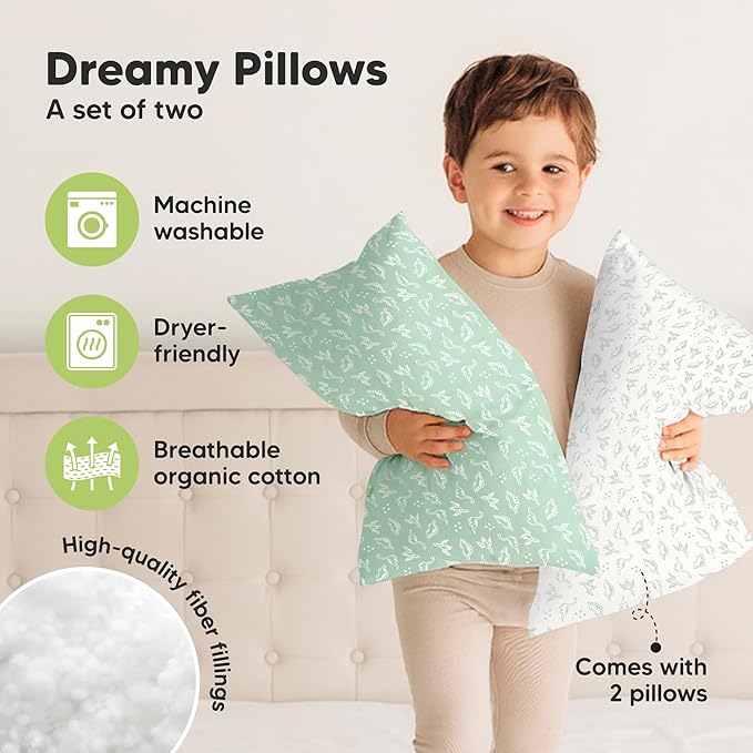 KeaBabies 2-Pack Toddler Pillows 2 Year Old to 5-13x18 Soft Organic Cotton Kids Pillow for Sleeping, Travel, School, Daycare, Nap, Toddler Bed, Machine Washable, Without Pillowcase (DinoLand)