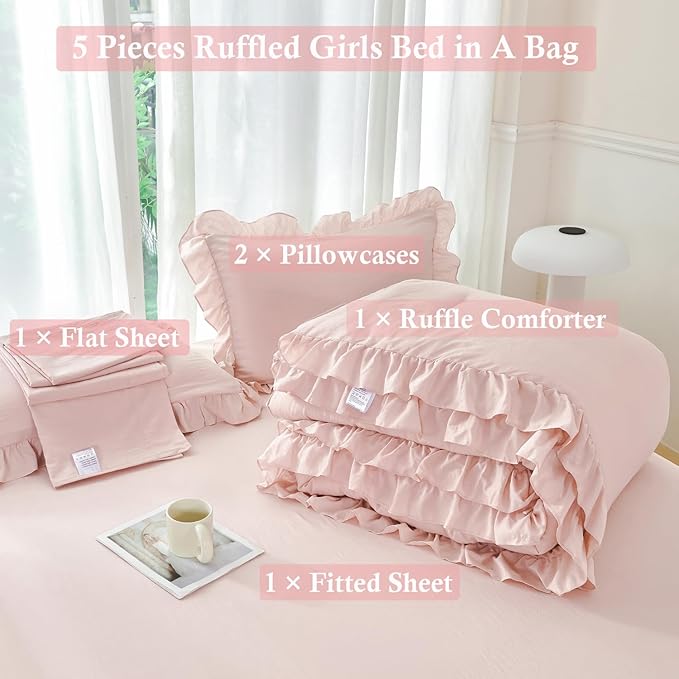 ANGIYUIN Blush Pink Comforter Sets Twin Size 5 Pieces Ruffle Bed in A Bag Farmhouse Bedding Sets Solid Color Soft Fluffy Bed Sets for Kids Girls（Blush Pink Twin）