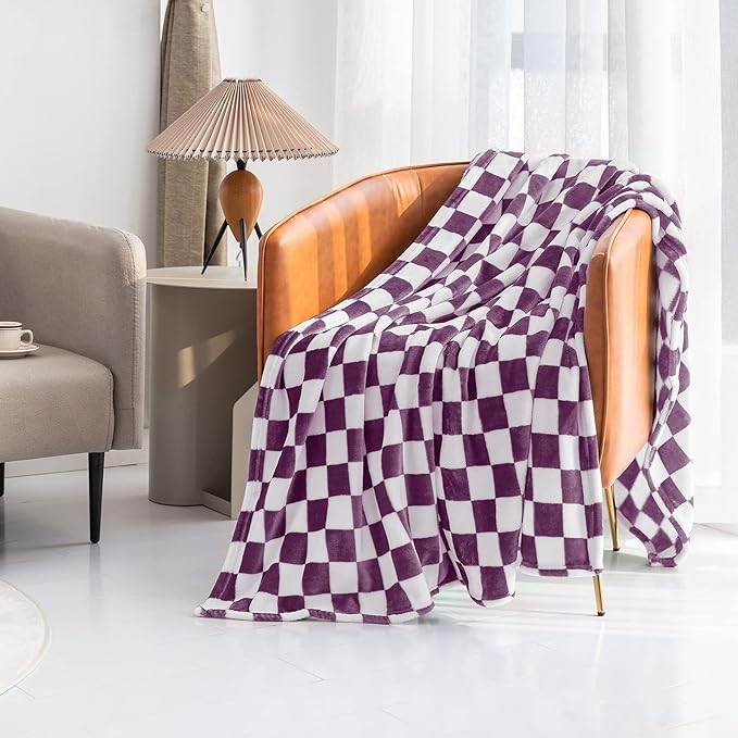 LOMAO Throw Blankets Flannel Blanket with Checkerboard Grid Pattern Soft Throw Blanket for Couch, Bed, Sofa Luxurious Warm and Cozy for All Seasons (Purple, 40"x60")