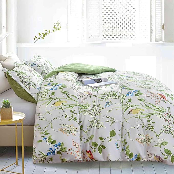 Nanko Queen Size Duvet Cover Set, Green Floral/Flower Leaf Bird Print Pattern, 3pc 90x90 Microfiber Comforter Quilt Bedding Cover with Zip Ties - Spring Modern Farmhouse for Men and Women Teen Girl