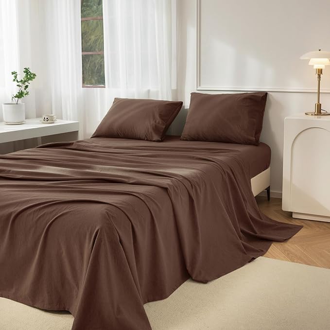 JIYUAN 100% Washed Cotton Sheet Set 4 Pieces Queen,1 Fitted Sheet,1 Flat Sheet and 2 Pillowcases,Comfy and Breathable Linen Like Bedding Set,Chocolate Brown