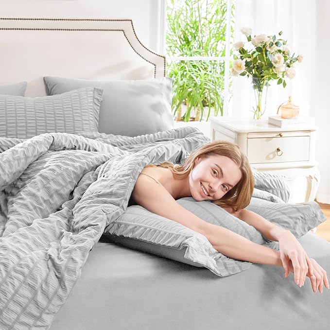 CozyLux Queen Comforter Set Light Grey Seersucker 7 Pieces Bed in a Bag Queen Comforter Set with Sheets Luxury Soft Bedding Set with Down Alternative Comforter, Sheets, Pillowcases & Shams All Seasons