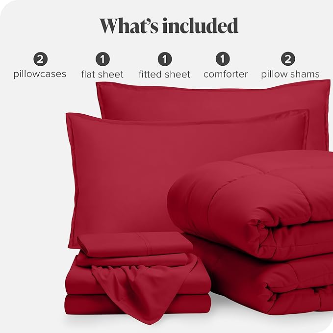 Bare Home Bed-in-A-Bag 7 Piece Comforter & Sheet Set - Full XL - Goose Down Alternative - Ultra-Soft 1800 Premium Bed Set (Full XL, Red/Red)