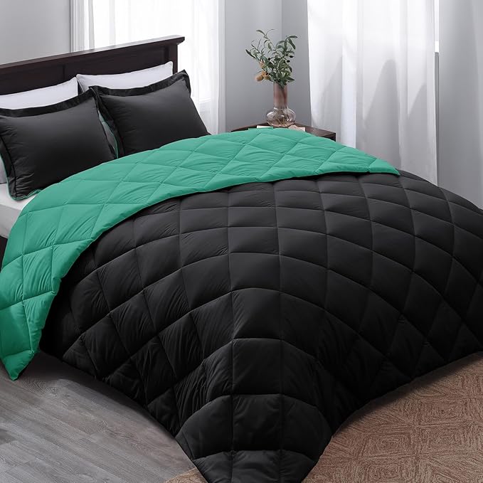 Basic Beyond Twin Comforter Set - Green Comforter Set Twin, Reversible Twin Bed Comforter Sets for All Seasons, Black/Mint Leaf, 1 Comforter (66"x92") and 1 Pillow Sham (20"x26"+2")
