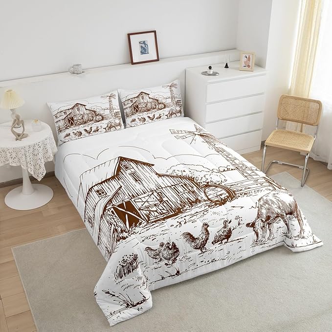 Windmill Comforter Set King, Rustic Barn Farmhouse Bedding, Chick Cow Farm Animals Down Comforter, Hand Drawn Illustration Bedding Comforters, Countryside Rural Meadow Room Decor Duvet Set, Taupe