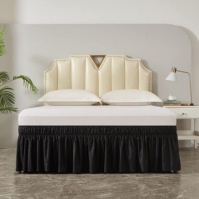 MEILA Wrap Around Bed Skirt Three Fabric Sides Elastic Dust Ruffled 14 Inch Tailored Drop,Easy to Install Fade Resistant-Black, Twin/Full