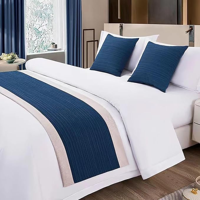 Blue Bed Runner King Stripe Seersucker Pattern Bed Scarf for King Size Blue Textured Quilted BedRunner Decorative for Hotel Bedroom (95 x 20 Inches, 1 Piece)