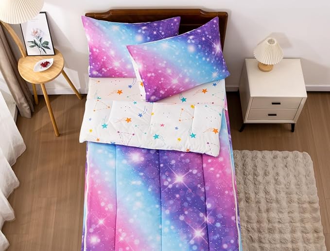 Meeting Story 3pcs Kids Comforter Set Zip up Bedding Set for Girls,Twin Kid Bedding Set Gradient Comforter Set for Kid,All in one Zipper Bedding（BluePurple,Twin）