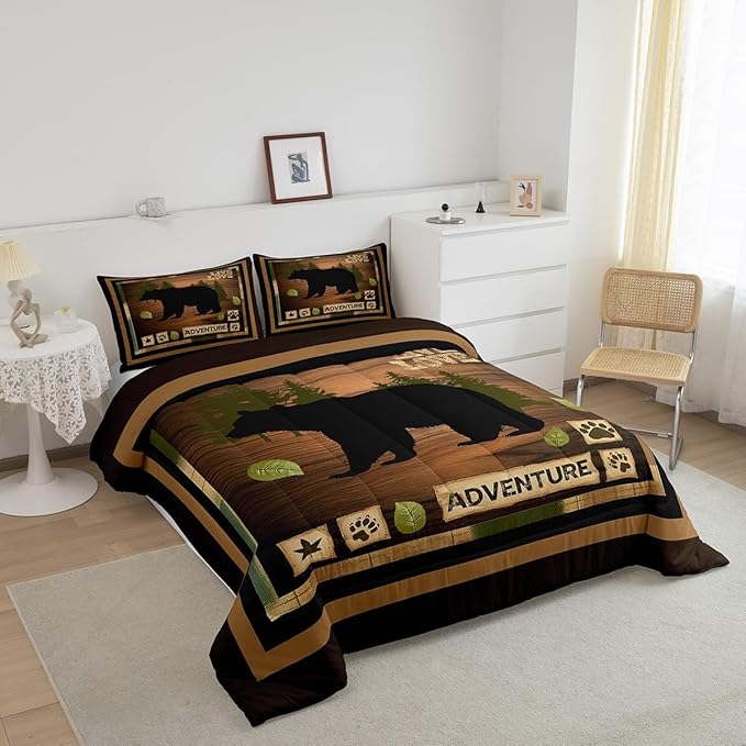 Feelyou King Size Rustic Bear Bedding Set Wildlife Hunting Comforter Set Bear and Paw Comforter for Kids Boys Girls Cabin Duvet Insert Kids Bedroom Decor 3Pcs