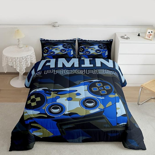 Boys Gaming Comforter Set Twin Size Teens Gamer Bedding Set Retro Blue Camouflage Video Game Controller Comforter For Kids Youth Bedroom Decor Gamer Console Action Buttons Duvet Set Microfiber