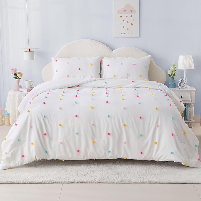 Full Size Kids Comforter Set Colorful Tufted Pom Pom Bedding Set for Girls 3 Piece White Boho Jacquard Quilt Bed in A Bag Lightweight Duvet Bed Set for Kids Teen Girls Bedroom Decor with 2 Pillowcase | Colorful Tufted Dots, Full Comforter Set, Kids Com...