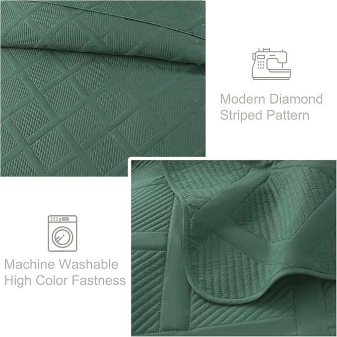 Exclusivo Mezcla King Quilt Set- Green Quilts Bedding Set with 2 Pillow Shams, Modern King Bedspread with Striped Pattern, Soft Lightweight Bedspreads Coverlets for All Seasons