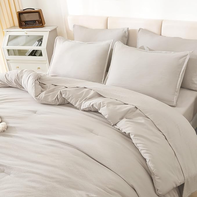 Litanika Queen Comforter Set Linen - 7 Pieces Bed in a Bag Queen Bedding Comforter Sets, Solid Lightweight Bed Set with Comforter, Sheets, Pillowcases & Shams