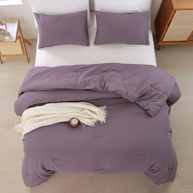 ROSGONIA King Size Comforter Set Dusty Purple, 3pcs (1 Boho Comforter & 2 Pillowcases) All Season Bedding Lightweight Bedspread Blanket Quilt
