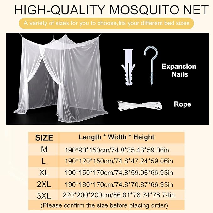 Frienda Bed Mosquito Net Mosquiteros Cameros para Cuba Rectangular Canopy Drapes with Hook Nylon Rope for Single Twin Full Queen King Size Bed Camping Outdoor Travel(White,King)
