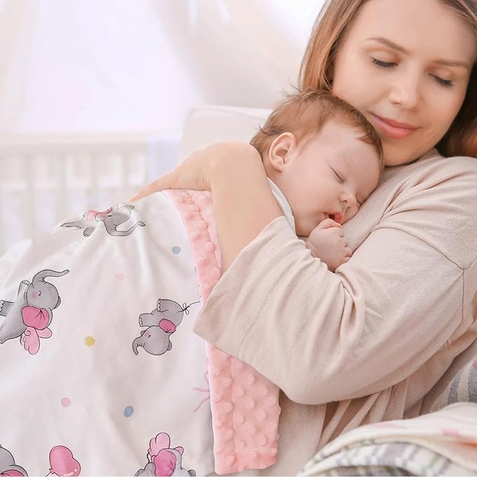 HOMRITAR Super Soft Baby Blanket for Girls, Elephant Print Minky Receiving Blanket for Newborn Nursery, Double Layer Dotted Backing Cozy Bed Throw, Pink, 30x40 Inch