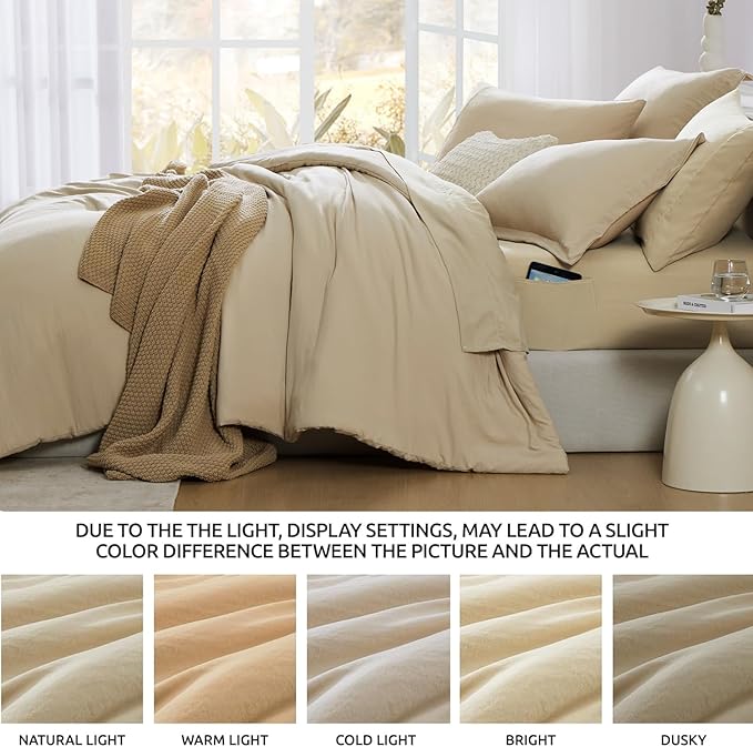 WRENSONGE Super King Plus Size Comforter Set- 7 Pieces Beige Bed in a Bag Super King Plus with Fitted Sheet, Flat Sheet, 2 Pillow Shams, and 2 Pillowcases- Warm Bed Set for All Season