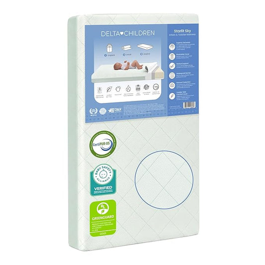 Delta Children Starlit Sky 2-Stage Crib and Toddler Mattress for Infants & Toddlers - Removable Machine Washable Mattress Cover - Waterproof - GREENGUARD Gold - Made in USA, Green