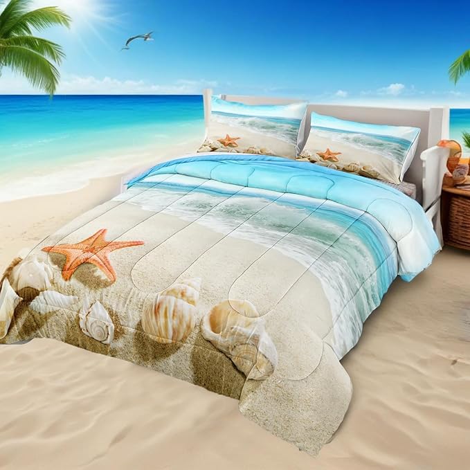 Bedbay Beach Bedding California King Coastal Comforter Set Boys Girls Beach Theme Room Decor Starfish Seashore Ocean Quilt Set 3 Pcs Beachy Duvet Insert Down Comforter for All Seasons(104" Wx96 L)