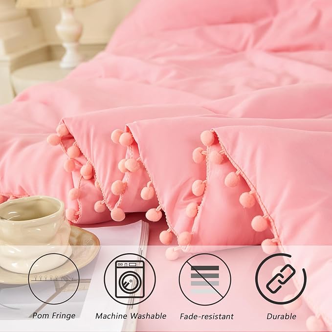 PERFEMET Queen Bedding Set Coral Pink 5 Pcs Pom Pom Fringe Solid Bed in A Bag with Sheet Set Soft All Season Fluffy Boho Comforter for Girls Kids Bedroom(Coral Pink, Queen)