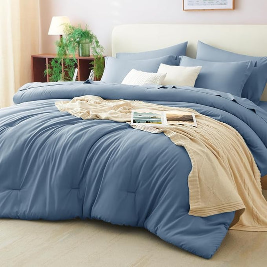 CozyLux Oversized Queen Comforter Set Grayish Blue, 7 Pieces Bed in a Bag Comforter Set with Sheets, Soft Bedding Sets with Down Alternative Comforter, Fitted Sheet, Flat Sheet, Pillowcases and Shams