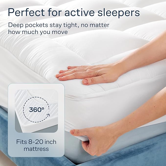 Cloud-Like King Mattress Topper - 100% Cotton Top Mattress Pad for Back Pain Relief - Breathable & Naturally Cooling for Hot Sleepers, White