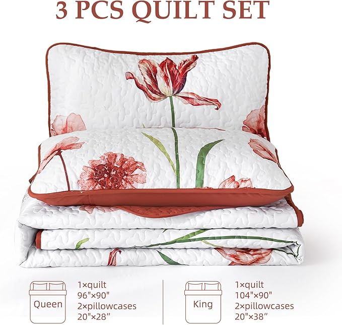 WONGS BEDDING Red Quilt Set King Size, Cute Red Floral Botanical Bedspread Bedding Set with 2 Pillowcase, Lightweight Farmhouse Coverlet Set for All Season (104"x90")
