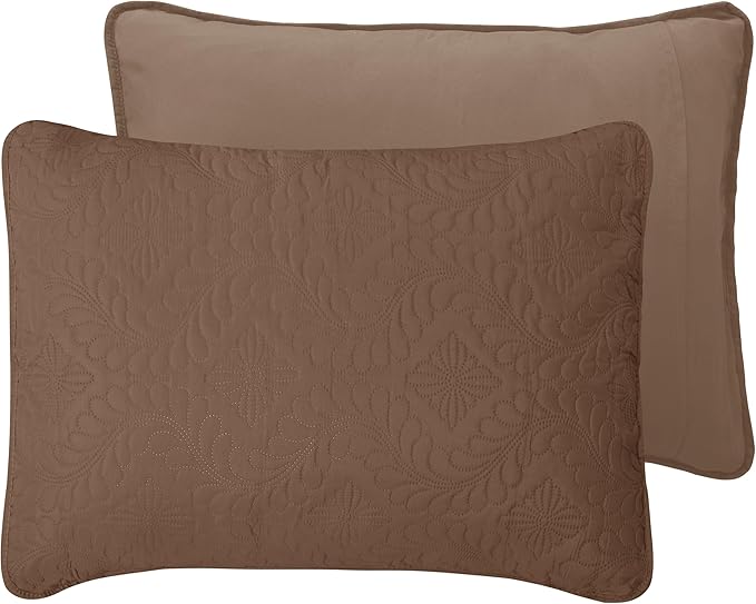 Easy-Going Twin Size Reversible Quilt Set with 1 Quilt and 1 Pillow Sham, Soft Bed Quilt Cover, Water Resistant Lightweight Microfiber Bedspread, Stain Resistant, Olive Leaf-Brown/Beige