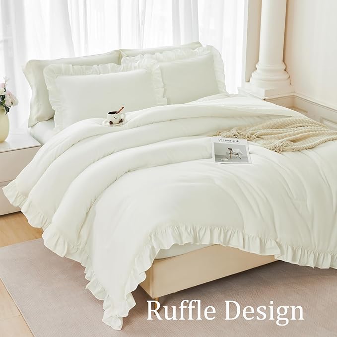 ANGIYUIN 5Pcs Full Szie Comforter Set Ivory Ruffle Bed in A Bag with Sheets Beige Farmhouse Aesthetic Bedding Comforter Set Soft Fluffy Bed Sets for Kids Teens(Ivory Full)