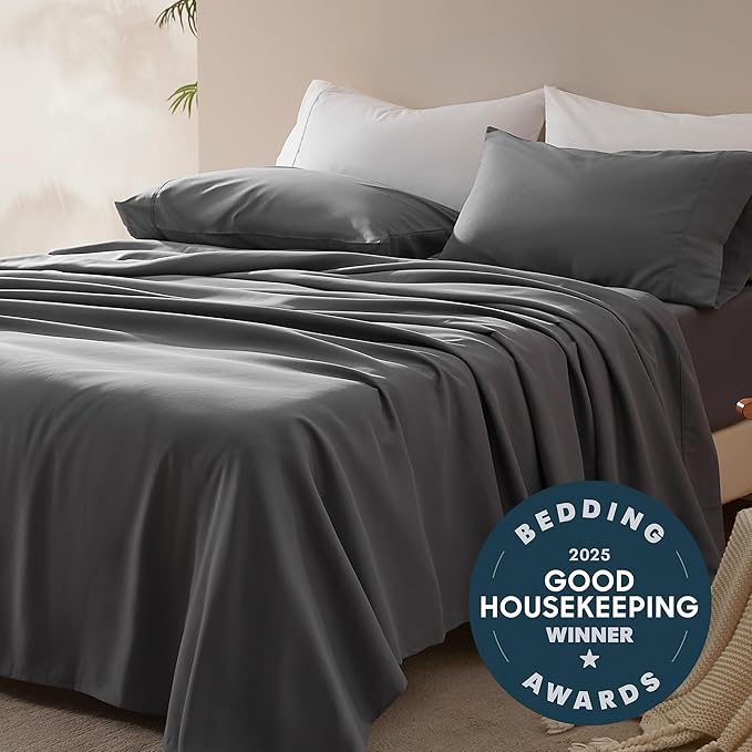 SLEEP ZONE Nanotex Super Soft Cooling Twin Bed Sheets Set for Kids 3 Piece - Easy Care Fitted Flat Sheet & Pillowcase Sets - Wrinkle Free, Fade Resistant, Deep Pocket 16" (Gray, Twin)