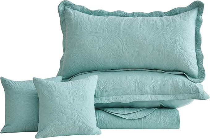 Oversized King Bedspread 128x120 Extra Wide, Ultrasonic Lightweight Bedding Cover, Paisley Pattern, Reversible, 5 Piece, 100% Microfiber, Seaglass