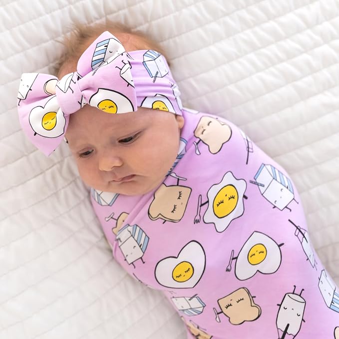 Little Sleepies Swaddle & Headband Bow Set, Viscose from Bamboo Baby Swaddles, Newborn Baby Girl Clothes (Luxe Pink Breakfast Buddies)